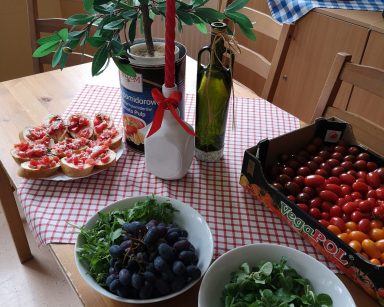 Na stole obrus w biało-czerwona kratkę. Butelka oliwy, kartonik z pomidorkami, talerze z winogronami, roszponką i kanapkami.