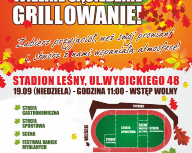 Plakat. Zaproszenie na Integracyjny Piknik Rodzinny, sąsiedzkie grillowanie 19 września na stadionie Leśnym w Sopocie.