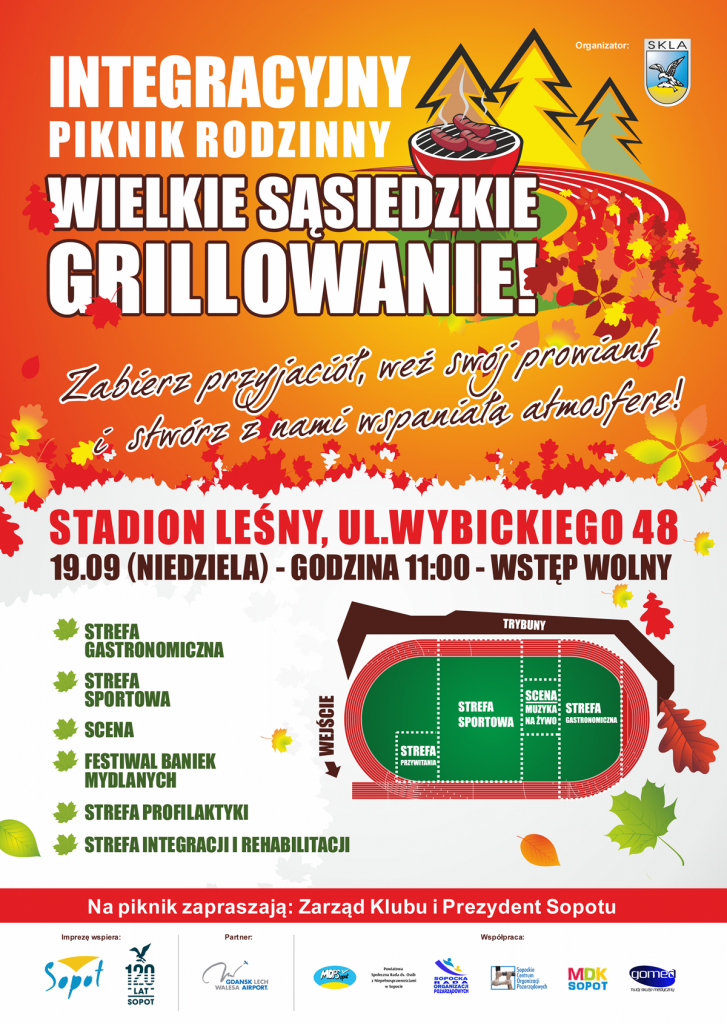 Plakat. Zaproszenie na Integracyjny Piknik Rodzinny, sąsiedzkie grillowanie 19 września na stadionie Leśnym w Sopocie.