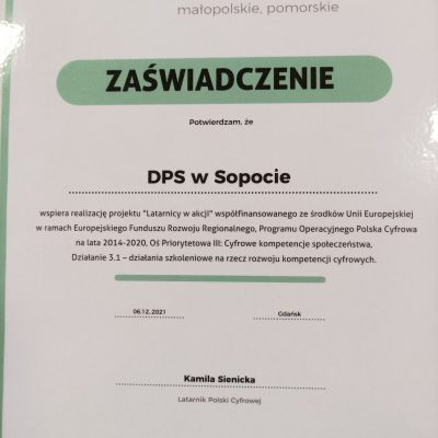 Zaświadczenie o wsparciu przez DPS Sopot projektu "Latarnicy w akcji".