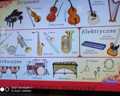 Slajd z rysunkami różnych instrumentów muzycznych. Instrumenty są pogrupowane: strunowe, dęte, elektryczne, perkusyjne.