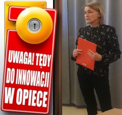 Na okrągłej klamce zawieszona czerwona ulotka. Na niej tekst "Uwaga! Tędy do innowacji w opiece". Obok Ilona Gajewska.