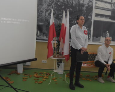 Sala. Kobieta stoi. Obok siedzi mężczyzna na krześle. W tle flagi Polski. Na ścianie zdjęcia.