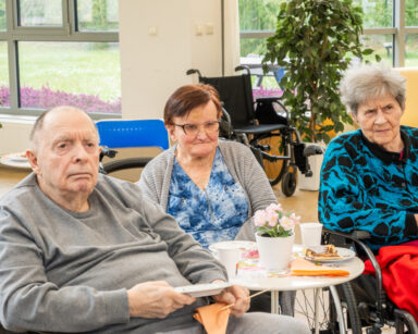 Zbliżenie. Trzech seniorów siedzi przy stoliku. Na stoliku talerzyki z owocowymi przekąskami oblanymi czekoladą.