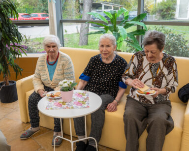Zbliżenie. Trzy seniorki siedzą na kanapie. Obok stolik, na nim kwiat, talerzyk z przekąskami czekoladowymi. W tle kwiaty.