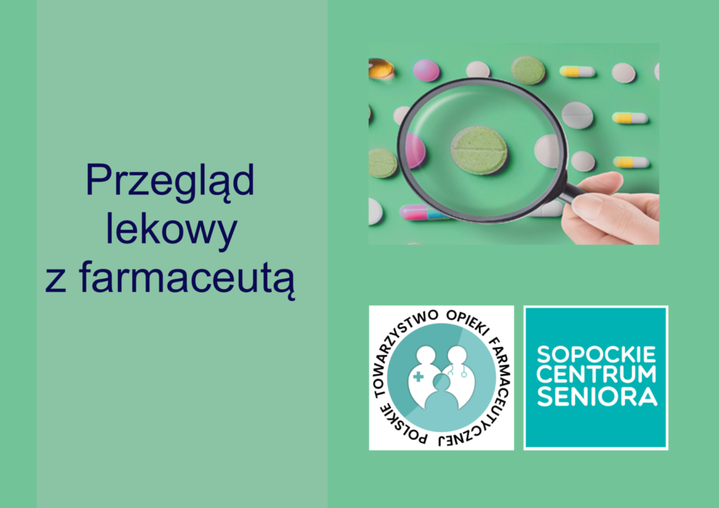 Plakat. Zielone tło, napis "Przegląd lekowy z farmaceutą". Obok napisu leki powiększone pod lupą. Pod lupą logo SCS, PTOF.