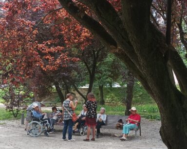 Park. Kolorowe, duże drzewa. Przy ścieżce, między drzewami na ławkach, siedzi grupa kobiet. Piją wodę, jedzą kanapki.