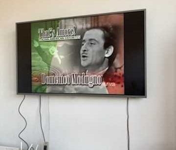 Na jasnej ścianie wisi płaski telewizor. W zatrzymanym ujęciu widać zdjęcie włoskiego piosenkarza, pod nim zapisane jego imię i nazwisko: Domenico Modugno