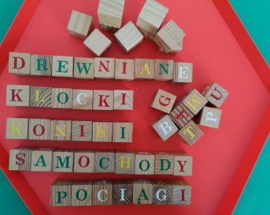 Widok z góry. Drewniane klocki z kolorowymi literami. Są ułożone w napisy: drewniane klocki, koniki, samochody, pociągi.