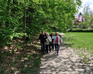 Słoneczny dzień. Terapeutka Beata Gadomska i seniorzy idą piaszczystą ścieżką. Na lewo od ścieżki las, na prawo zielona trawa.