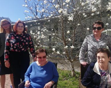 Słoneczny dzień. W ogrodzie dyrektorka Agnieszka Cysewska, pracownicy i seniorzy.