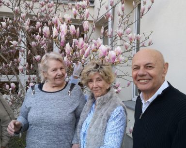 Słoneczny dzień. Przy magnolii z różowymi kwiatami pozują dwie seniorki i senior. Uśmiechają się.