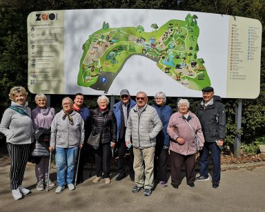 Pogodny dzień. Gdańskie ZOO. Seniorzy pozują do zdjęcia przy planie ZOO.