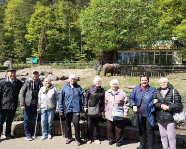 Pogodny dzień. Gdańskie ZOO. Kierownik Arkadiusz Wanat i seniorzy pozują do zdjęcia przy wybiegu. Na wybiegu słoń.
