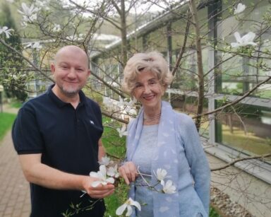 Ogród. Para pozuje do zdjęcia przy drzewie magnolii. Mężczyzna i seniorka dotykają kwiatów magnolii.